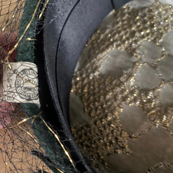 Vintage Wool Pill Box Hat with Veil Sz OS Forest Green Leaf Accents 1950s Twee - Picture 11 of 11